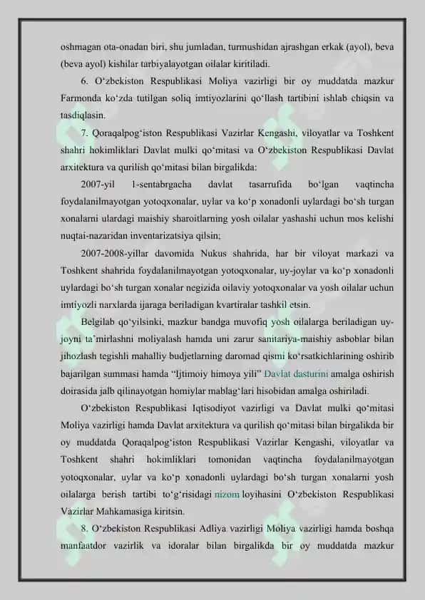 O'zbekiston respublikasining farmoni yosh oilalarni moddiy va ma'naviy qo'llab quvvatlashga doir qo'shimcha chora tadbirlar to'g'risida 4