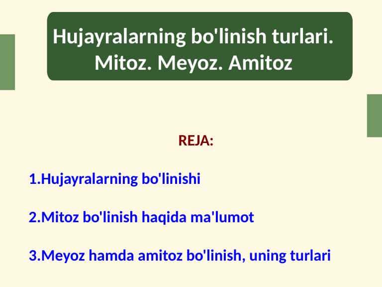 Hujayralarning bo'linish turlari. Mitoz. Meyoz. Amitoz