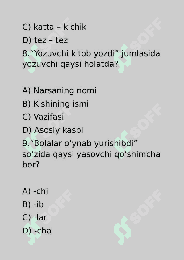 Boshlangich sinflar uchun test ona tili fanidan 4
