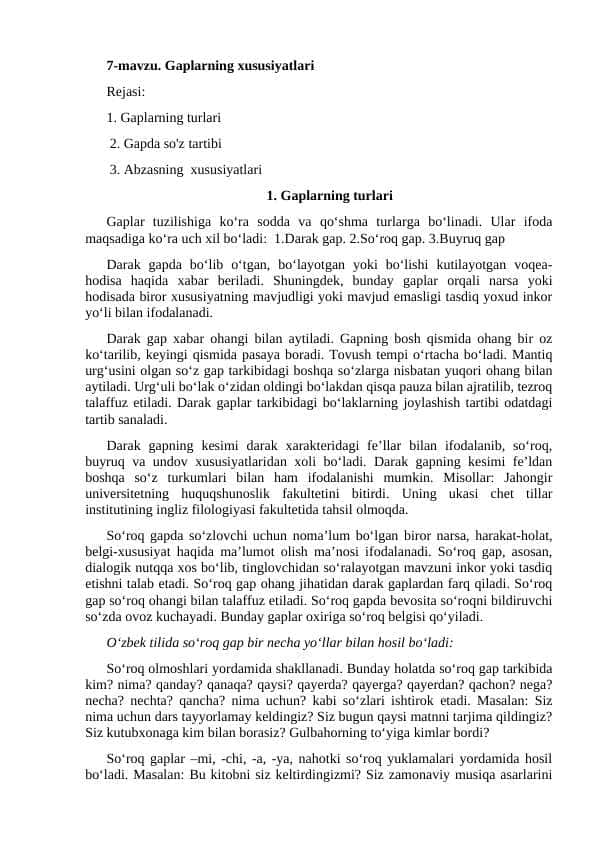 Gaplarning xususiyatlari 1