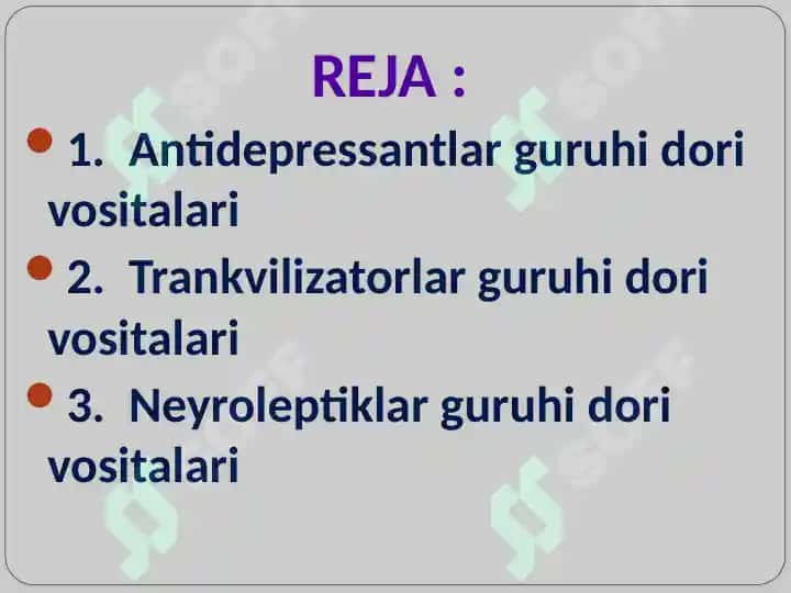 Antidepressantlar, Trankvilizatorlar, Neyroleptiklar qo'llanilishi. 2