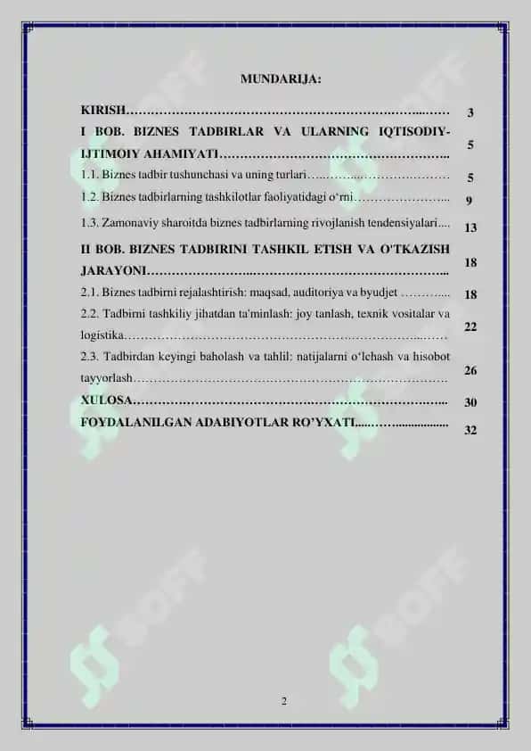 Biznes tadbirini o'tkazish jarayoni mavzusidagi kurs ishi 2