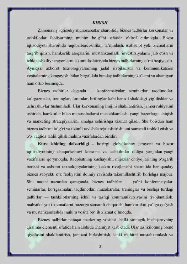 Biznes tadbirini o'tkazish jarayoni mavzusidagi kurs ishi 3