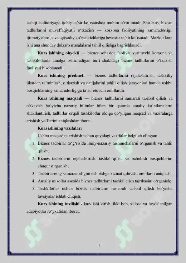 Biznes tadbirini o'tkazish jarayoni mavzusidagi kurs ishi 4
