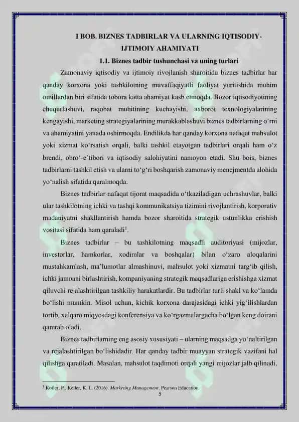 Biznes tadbirini o'tkazish jarayoni mavzusidagi kurs ishi 5