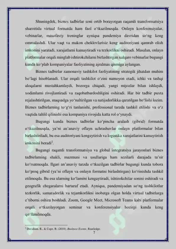 Biznes tadbirini o'tkazish jarayoni mavzusidagi kurs ishi 7