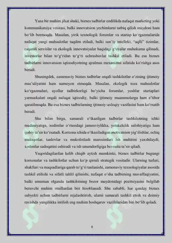 Biznes tadbirini o'tkazish jarayoni mavzusidagi kurs ishi 8