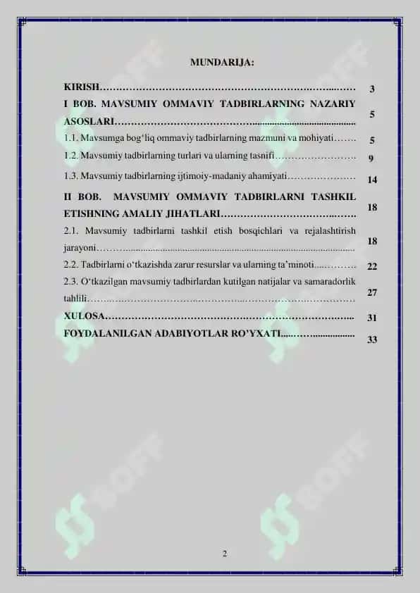 Mavsumga bog'liq bo'lgan ommaviy tadbirlarni tashkil qilish 2