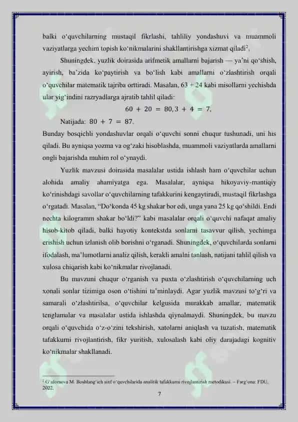 "Yuzlik" mavzusida masalalar ustida ishlash metodikasi 7