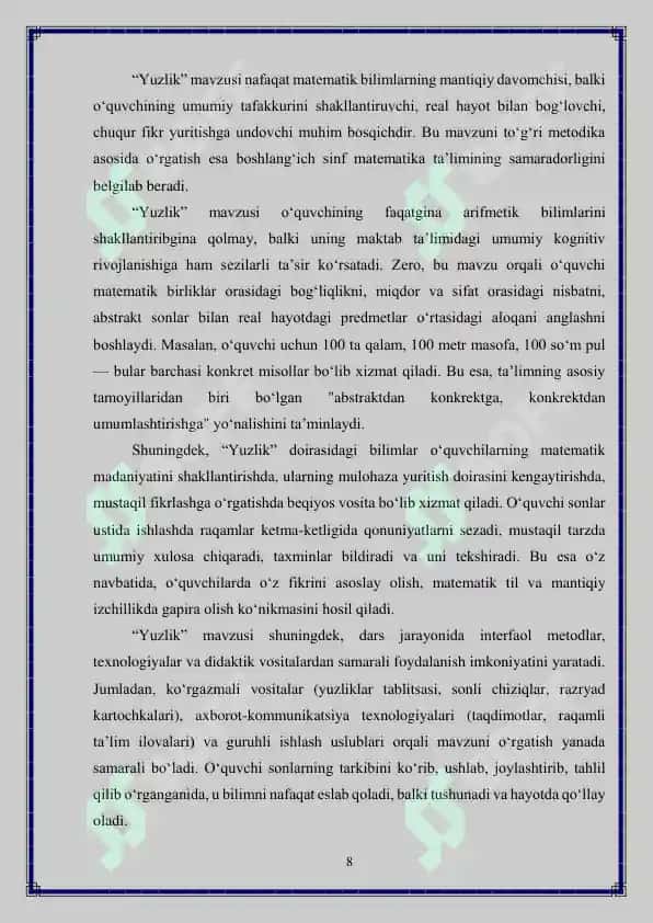"Yuzlik" mavzusida masalalar ustida ishlash metodikasi 8