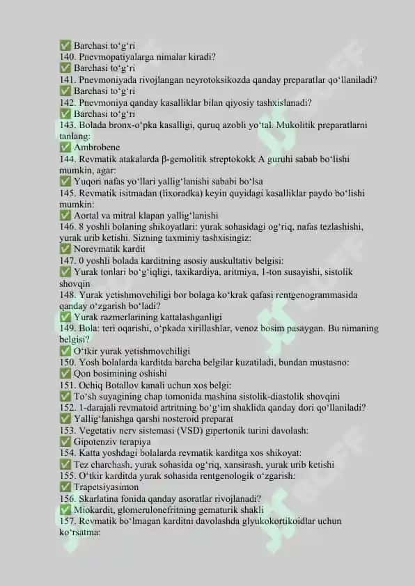 PEDIATRIYA ARGOS MED test baza javoblari bilan 8