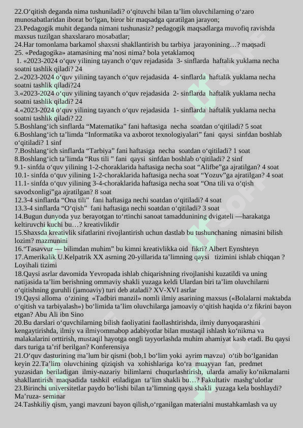 Boshlanģich ta'lim pedagogika fanidan test savollari javoblari bilan 2