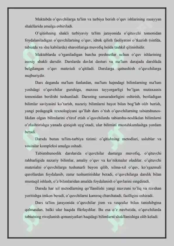 Tabiatshunoslikni o’qitishning shakllari. dars tabiatshunoslikdan olib boriladigan o’quv tarbiya ishining asosiy shakli ekanligi. 2