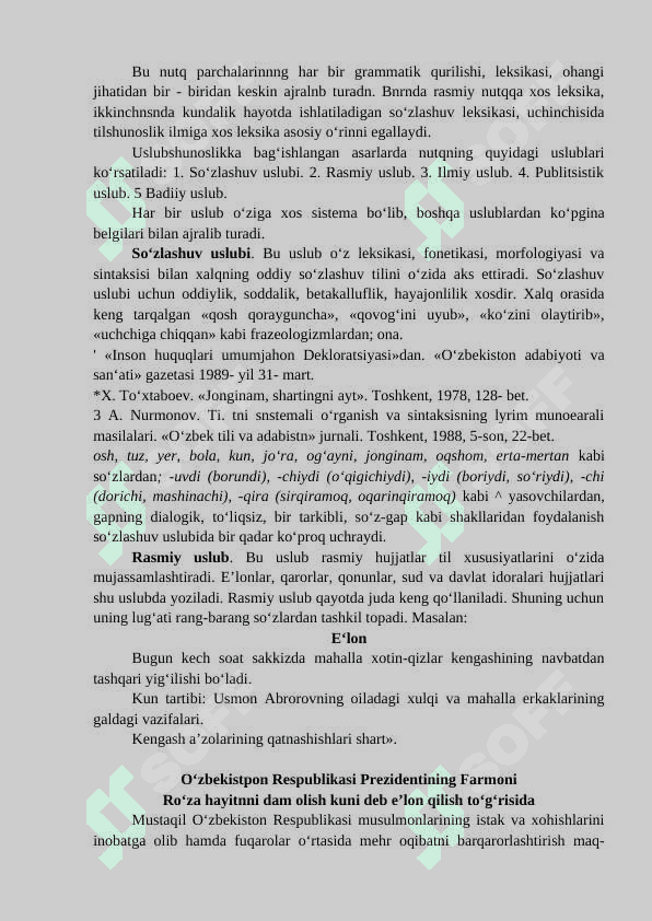 Nutq madaniyati va uslubiyat. O‘zbek tilining vazifaviy uslublari 2