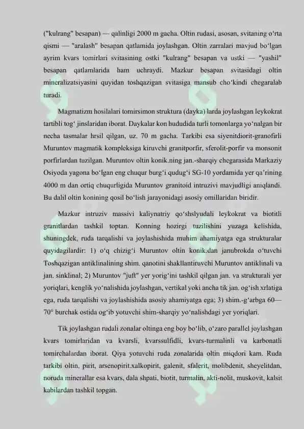 MURUNTOV OLTIN KONI GEOLOGIK TUZILISHI VA MAʼDAN TARKIBI 4