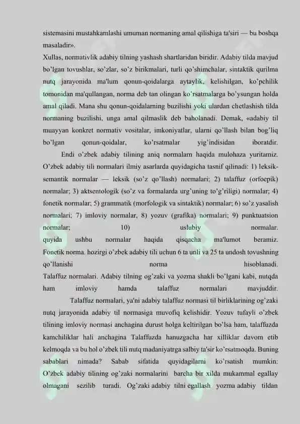 Oʻzbek tili adabiy normalari. Imlo, talaffuz, aksentologik, soʻz yasash, grammatik, uslubiy, punktuasion normalar 4