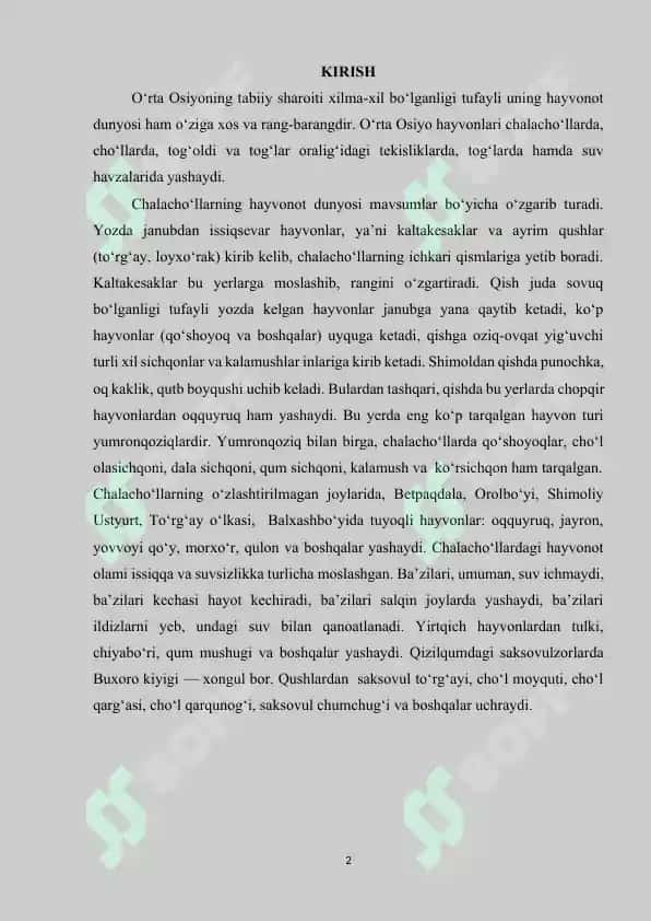O'zbekiston umurtqali hayvonlari. Suvda va botqoqlikda yashovchi hayvonlar xilma-xilligini saqlash 2