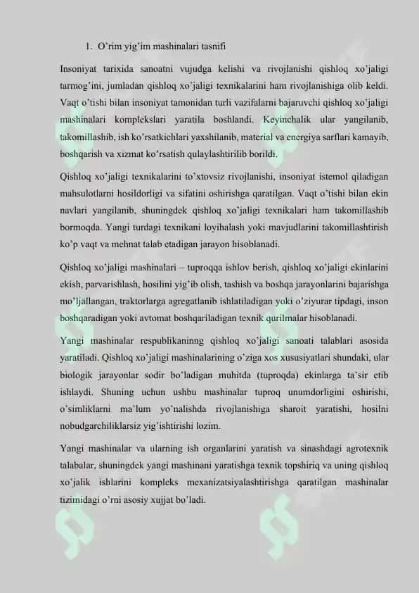 O‘rim-yig‘im mashinalari turlari va ularga qo‘yiladigan agrotexnik talablar 2
