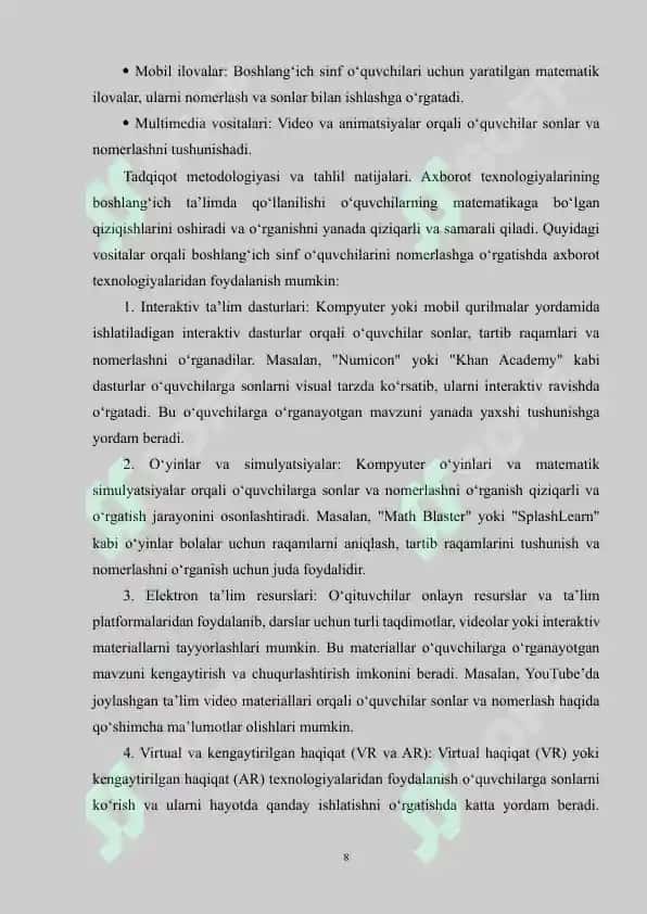 "Matematika o'qitish metodikasi"  1000 ichida arifmetik amallar bajarish metodlardan foydalanish 8