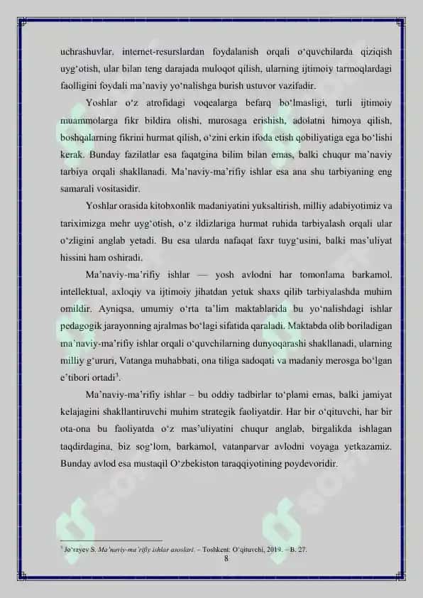 Umumiy o‘rta ta’lim maktablarida ma’naviy-ma’rifiy ishlarni tashkil etish texnologiyasi 8
