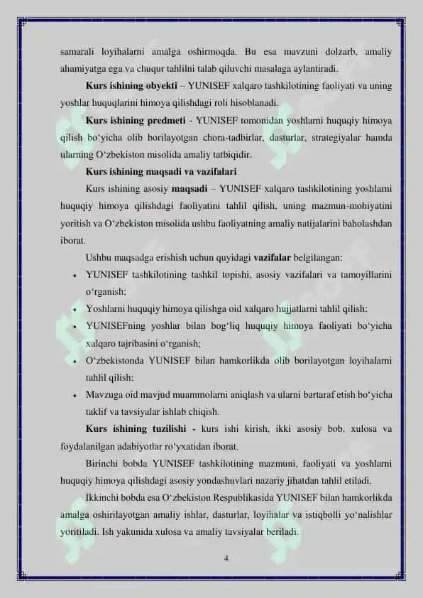 YUNISEF xalqaro tashkiloti faoliyatida yoshlarni huquqiy himoya qilish masalalari 4