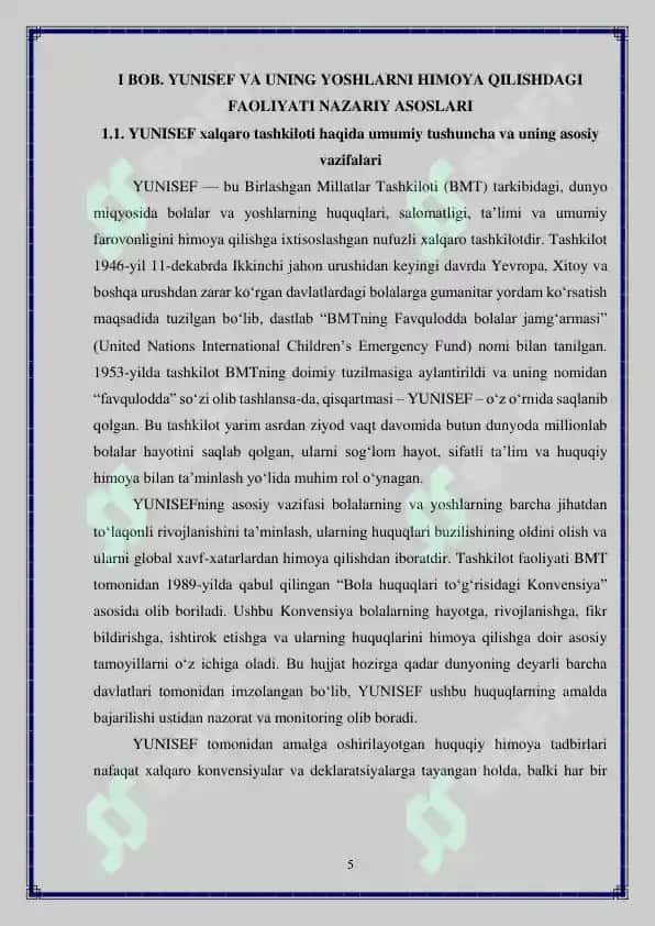 YUNISEF xalqaro tashkiloti faoliyatida yoshlarni huquqiy himoya qilish masalalari 5