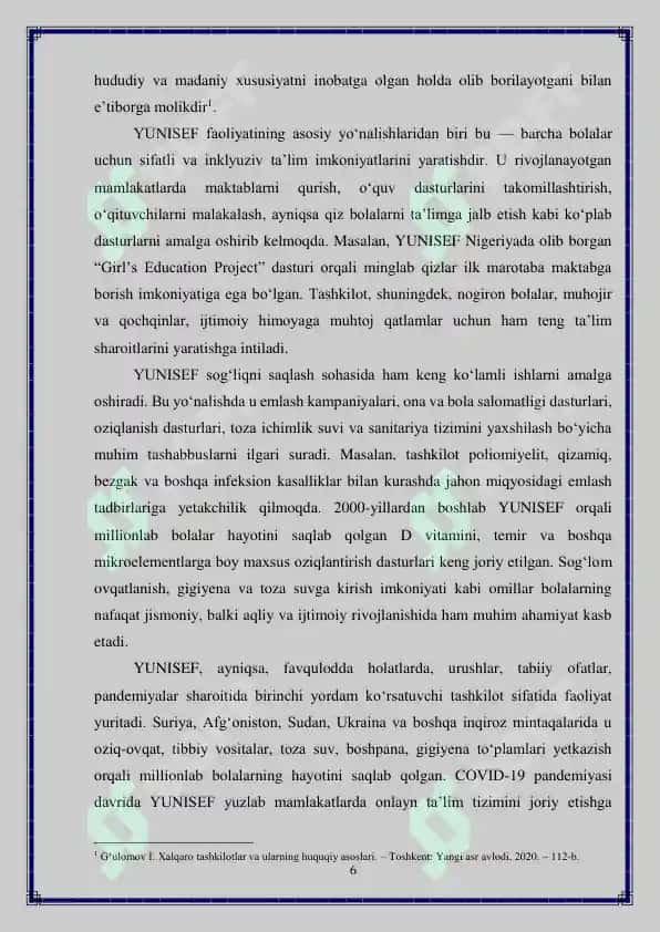 YUNISEF xalqaro tashkiloti faoliyatida yoshlarni huquqiy himoya qilish masalalari 6