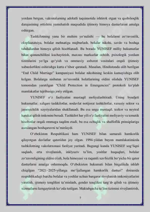 YUNISEF xalqaro tashkiloti faoliyatida yoshlarni huquqiy himoya qilish masalalari 7