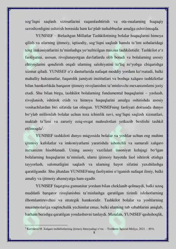 YUNISEF xalqaro tashkiloti faoliyatida yoshlarni huquqiy himoya qilish masalalari 8