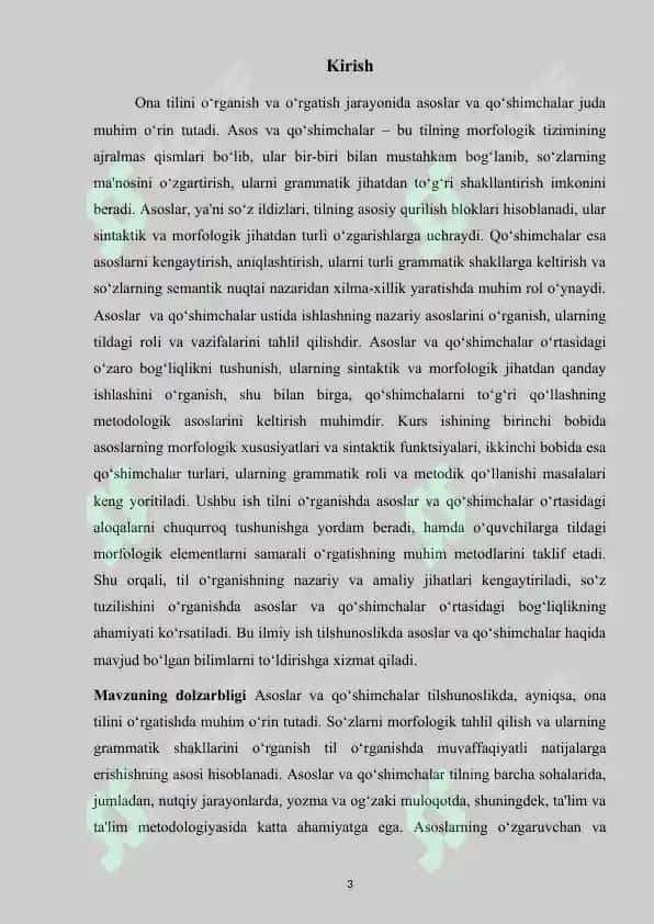 "Asoslar va Qo'shimchalar ustida ishlash mavzusidagi Kurs ishi" 3