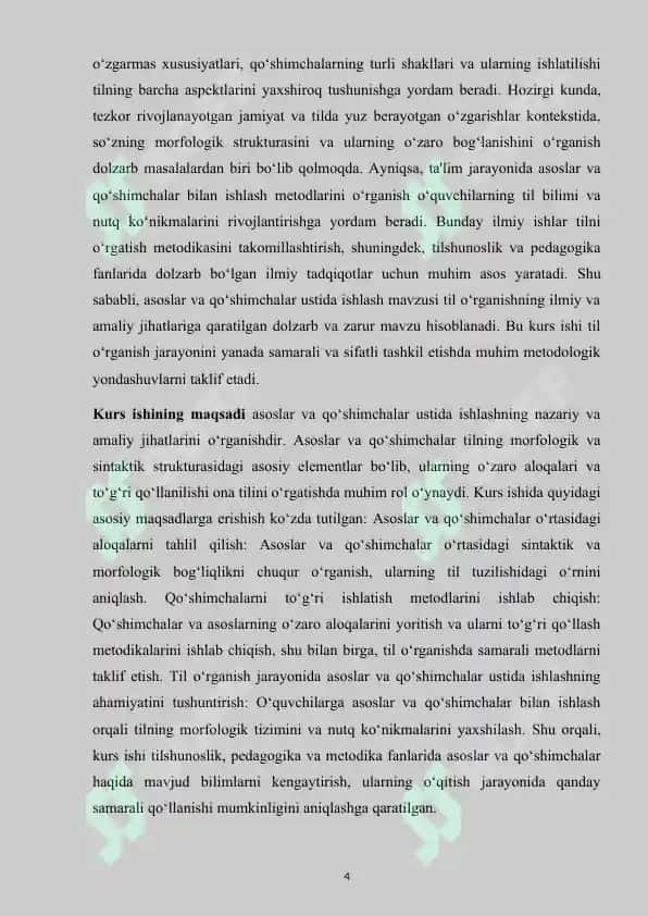 "Asoslar va Qo'shimchalar ustida ishlash mavzusidagi Kurs ishi" 4