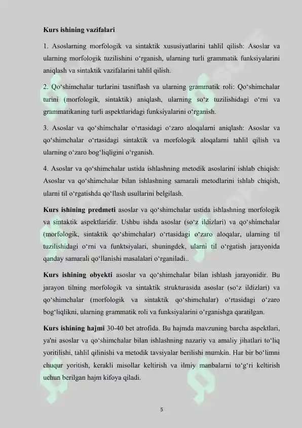 "Asoslar va Qo'shimchalar ustida ishlash mavzusidagi Kurs ishi" 5