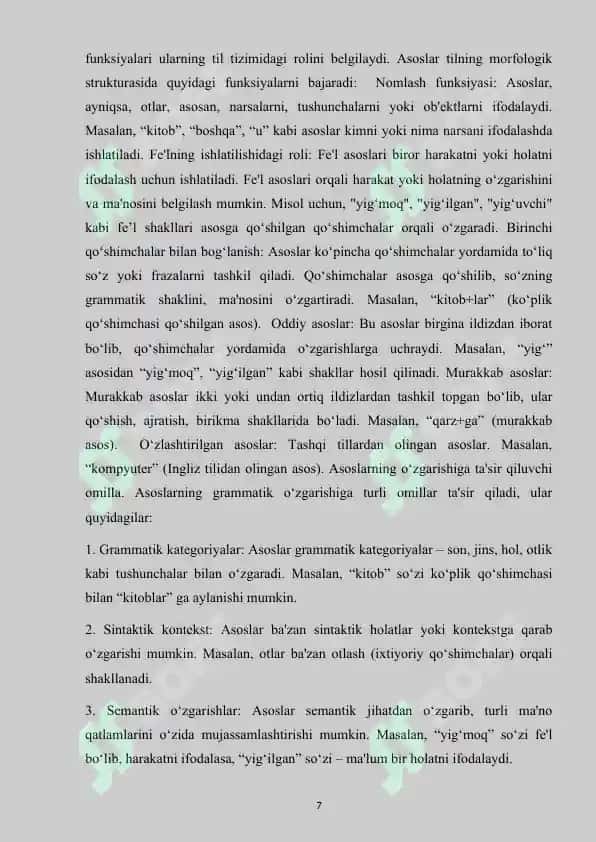 "Asoslar va Qo'shimchalar ustida ishlash mavzusidagi Kurs ishi" 7