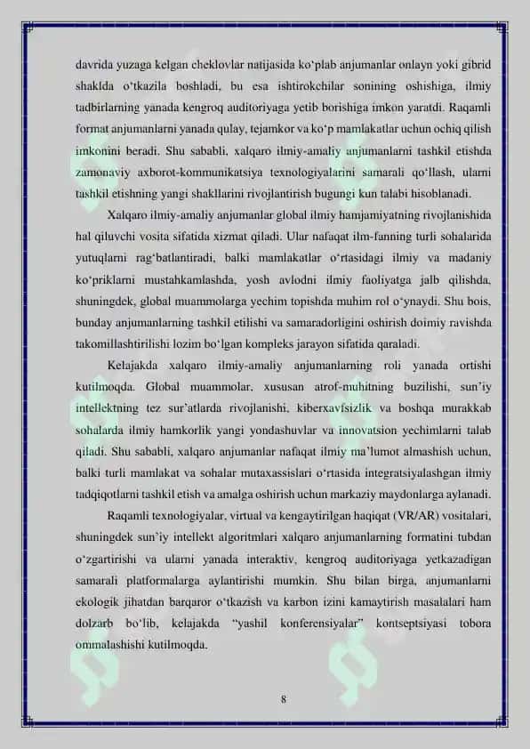 Xalqaro darajadagi ilmiy-amaliy anjumanlarni tashkil qilish 8