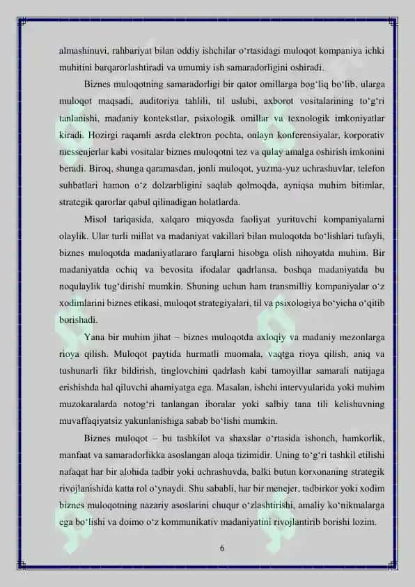 Biznes muloqotlar muvaffaqiyatli biznes tadbirining asosiy komponentlaridan biri sifatida 6