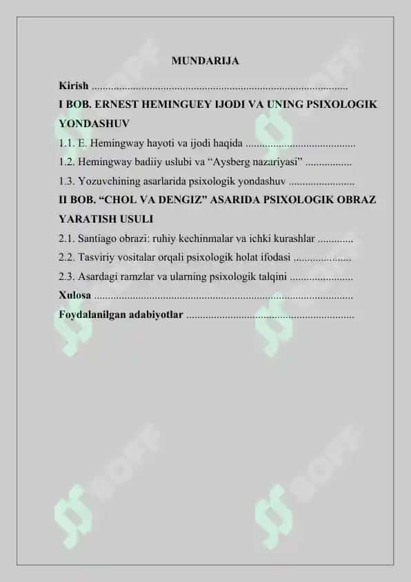 E. Hemingueyning “Chol va dengiz” asarida psixologizm obraz yaratish usuli 2