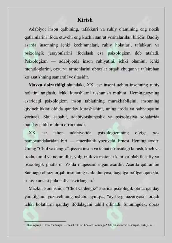 E. Hemingueyning “Chol va dengiz” asarida psixologizm obraz yaratish usuli 3