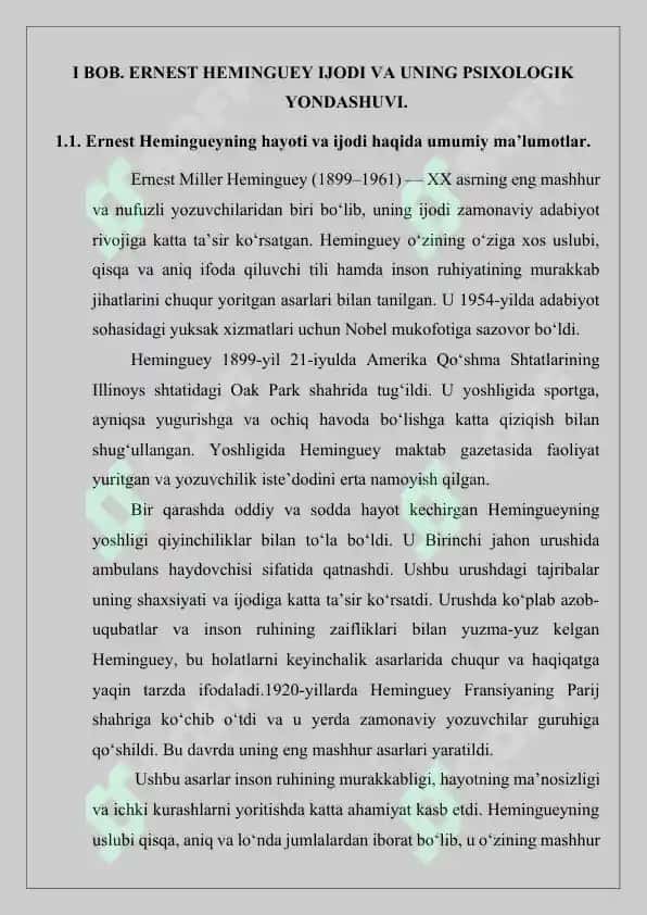 E. Hemingueyning “Chol va dengiz” asarida psixologizm obraz yaratish usuli 5