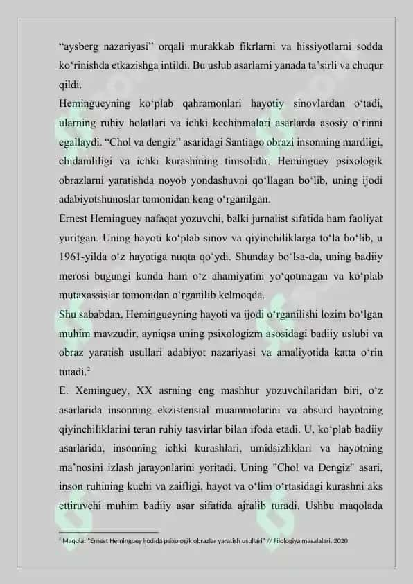E. Hemingueyning “Chol va dengiz” asarida psixologizm obraz yaratish usuli 6