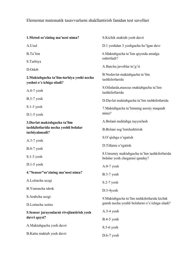 Elementar matematik tasavvurlarni shakllantirish fanidan test savollari