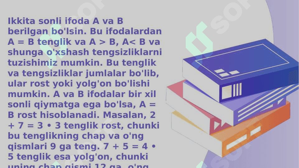 Sonli va o'zgaruvchili ifodalar. Sonli tenglik va tengsizlik, ularning xossalari, bir o'zgaruvchili tenglama va tengsizliklar 3