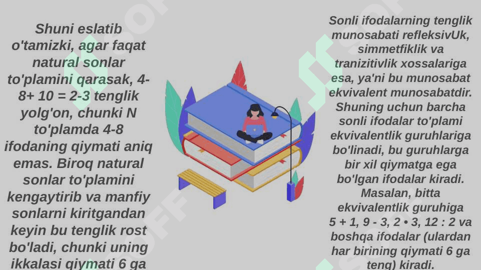 Sonli va o'zgaruvchili ifodalar. Sonli tenglik va tengsizlik, ularning xossalari, bir o'zgaruvchili tenglama va tengsizliklar 4