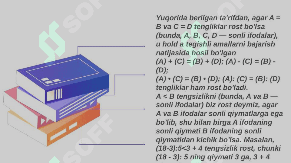 Sonli va o'zgaruvchili ifodalar. Sonli tenglik va tengsizlik, ularning xossalari, bir o'zgaruvchili tenglama va tengsizliklar 5