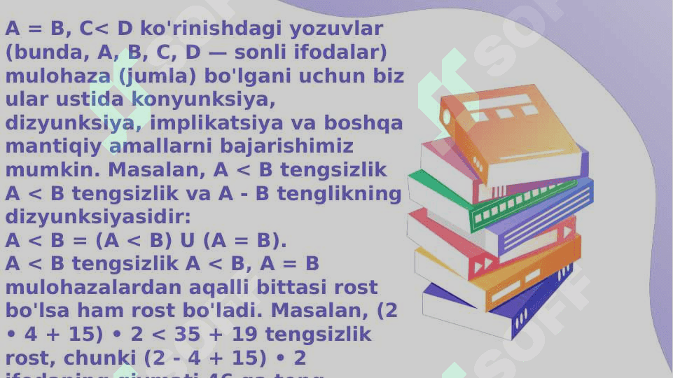 Sonli va o'zgaruvchili ifodalar. Sonli tenglik va tengsizlik, ularning xossalari, bir o'zgaruvchili tenglama va tengsizliklar 6