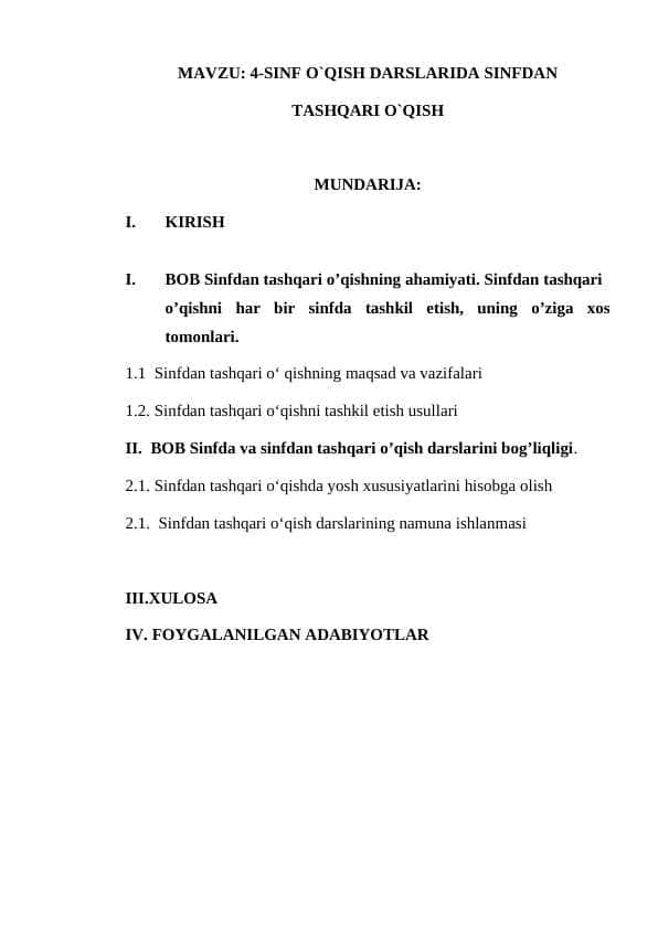 4_sinf oʻqish darslarida sinfdan tashqari oʻqishi
