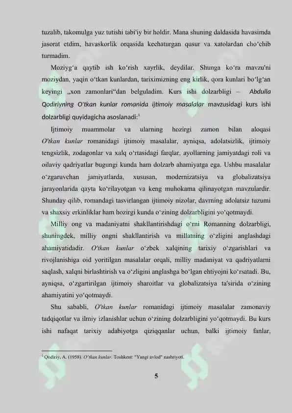 Oʻtkan kunlar romanida ijtimoiy masalalar 5