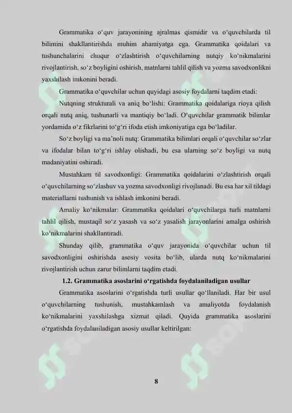 O‘quvchilarda grammatika va so‘z yasalishiga oid tushunchalarni shakllantirishning metodik asoslari 8
