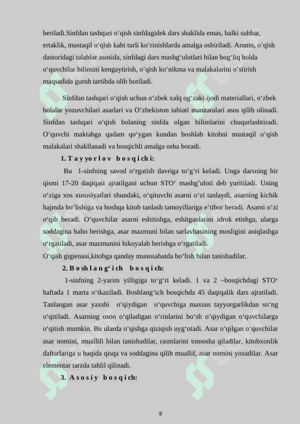 SINFDAN TASHQARI DARSLARNI TASHKIL ETISH 8