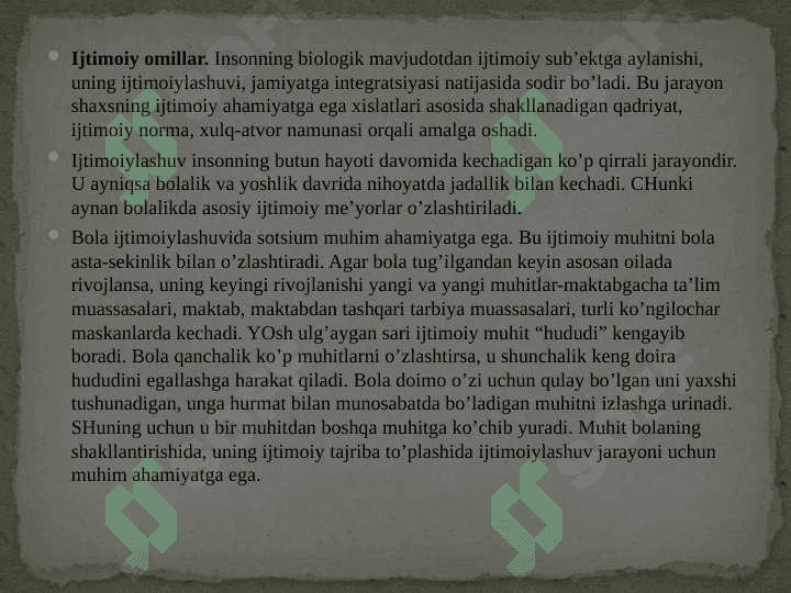 BOLALIK–INSONNING IJTIMOIY HAYOT ME'YORLARINI EGALLAY BOSHLASH DAVRI 4