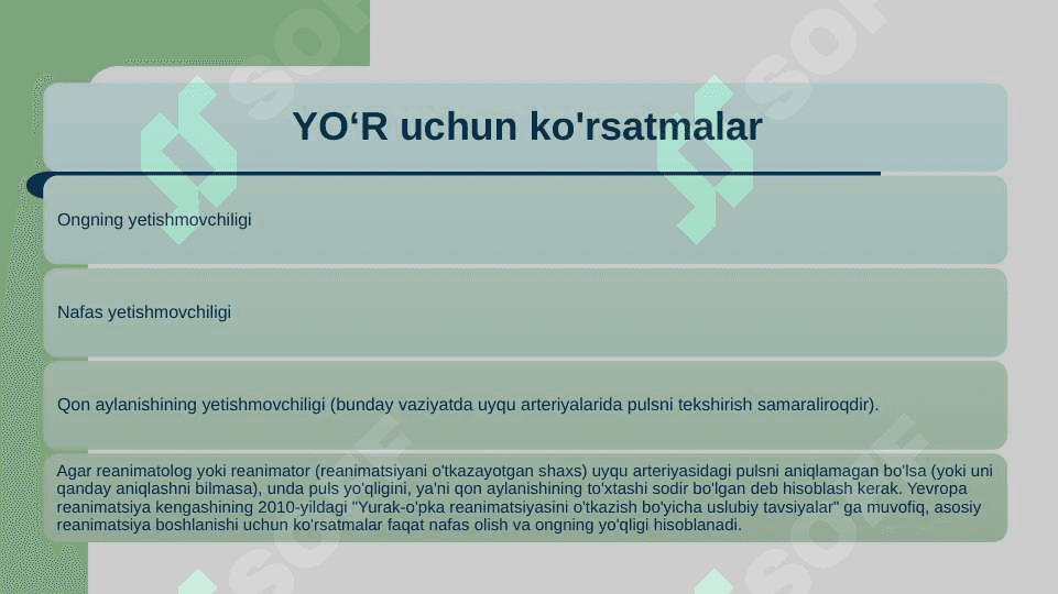 YURAK-O’PKA REANIMATSIYASI. YUQORI NAFAS YO’LLARI O’TKAZUVCHANLIGINI TIKLASH 3